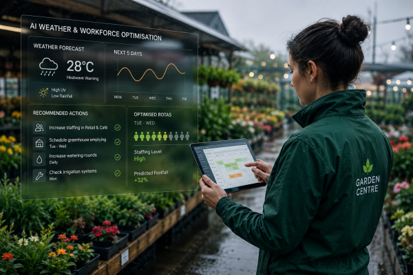 Garden centre tech in rainy setting